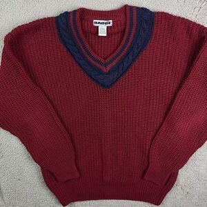 Vintage Badge Sweater Chunky Knit V‎ Neck Red Sweatshirt Size Large